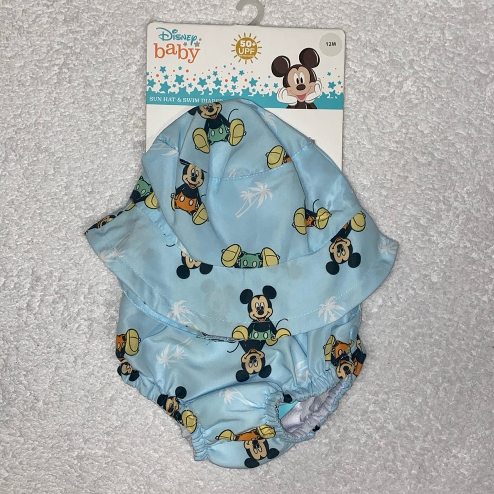NWT Disney baby sun hat & swim diaper 2 pc set Mickey Mouse 50 upf 12m